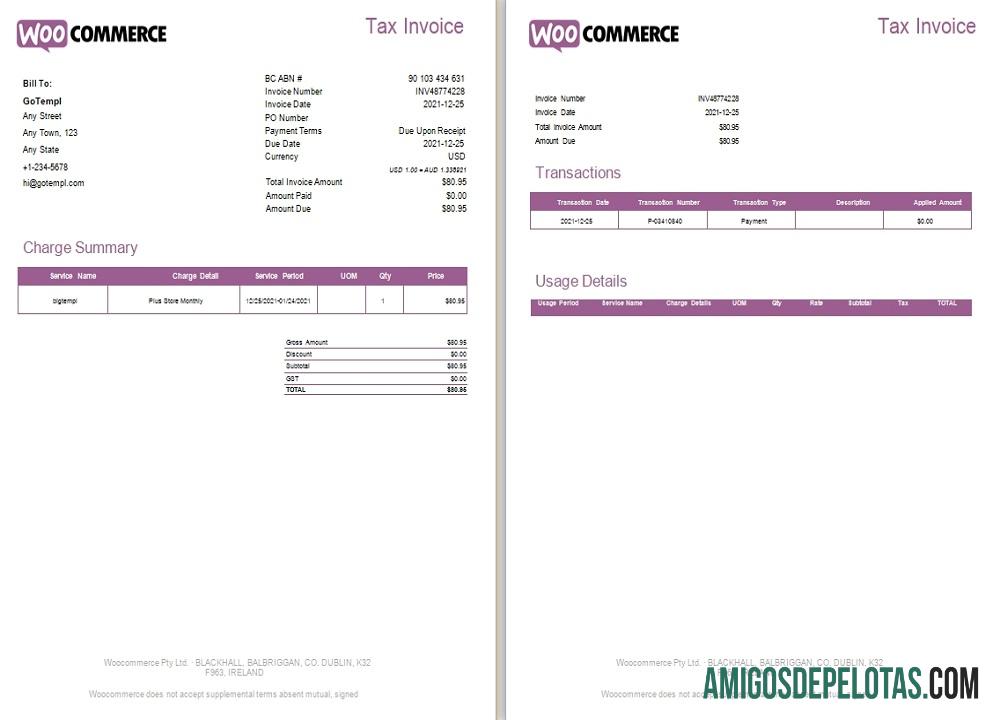 Fatura fiscal WooCommerce da Irlanda exemplo